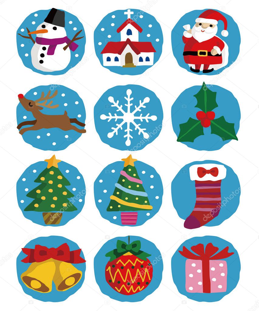 Christmas illustrations, Santa Claus, Christmas tree and Snowman