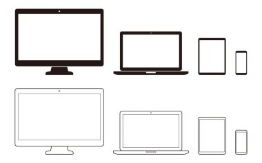 Masaüstü ve dizüstü bilgisayar, tablet ve cep telefonu, iletişim araçları basit illüstrasyon