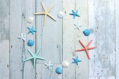 Deniz yıldızı ve deniz kabuğuyla çevrili bir çerçeve, beyaz boyanmış ahşap yaban domuzu üzerinde okyanus görüntüsü