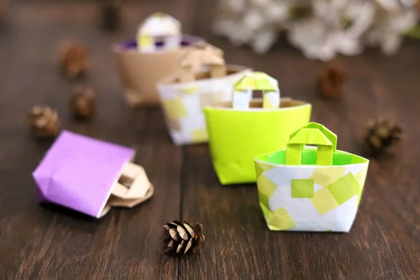 Miniature Eco Bags Made Origami Paper Shopping Bags Bags — Stock Photo, Image
