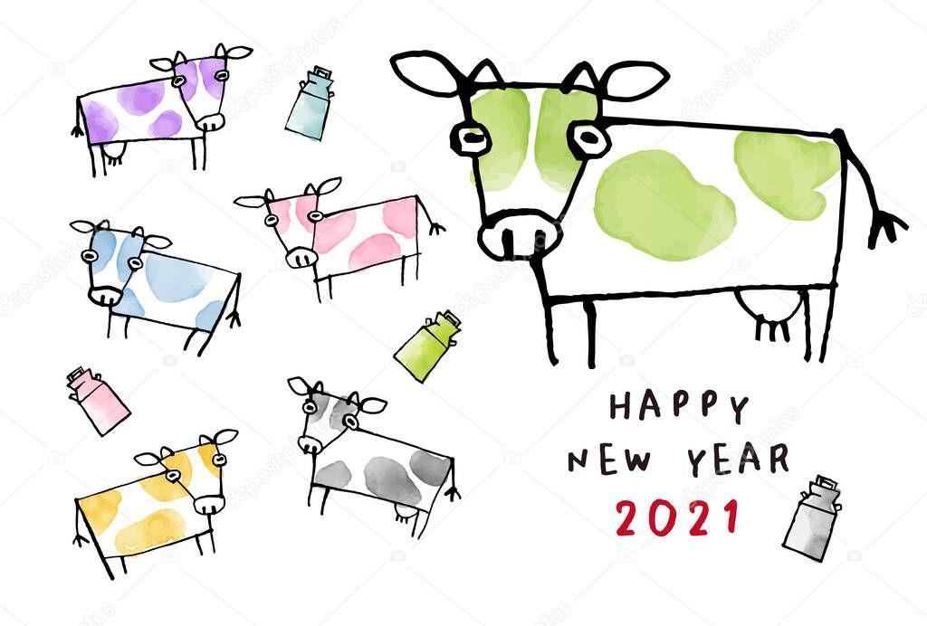 Year of the Ox 2021, hand-drawn New Year's card illustration of colorful dairy cows