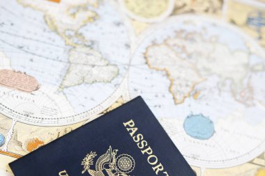 American passport and antique world map, travel image clipart