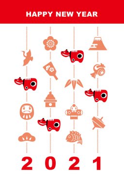 2021 yılının yeni yıl kartı kırmızı inek heykelciği ve şans tılsımı (erik çiçeği, çam, bambu, bulvar, daruma, vinç, top, fan, kagami mochi, Mt. Fuji, uçurtma, tokmak, çipura)