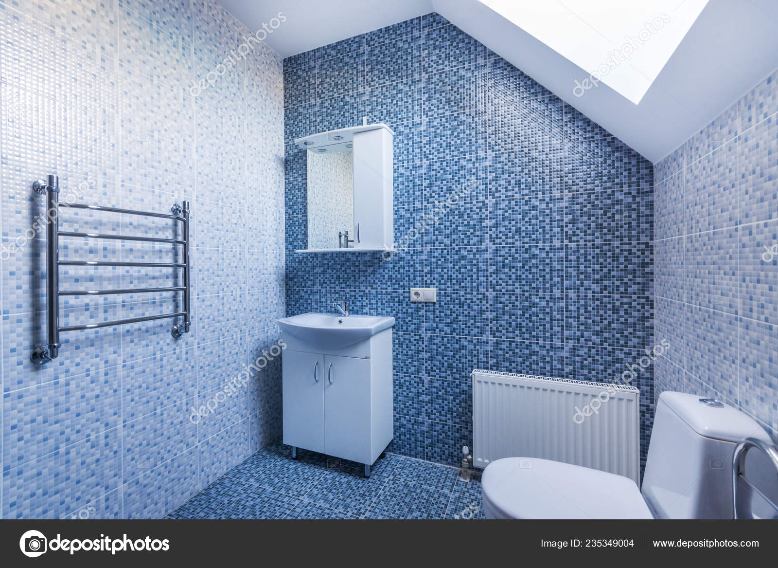 Simple Bathroom Interior White Vanity Cabinet Tile Floor Skylights