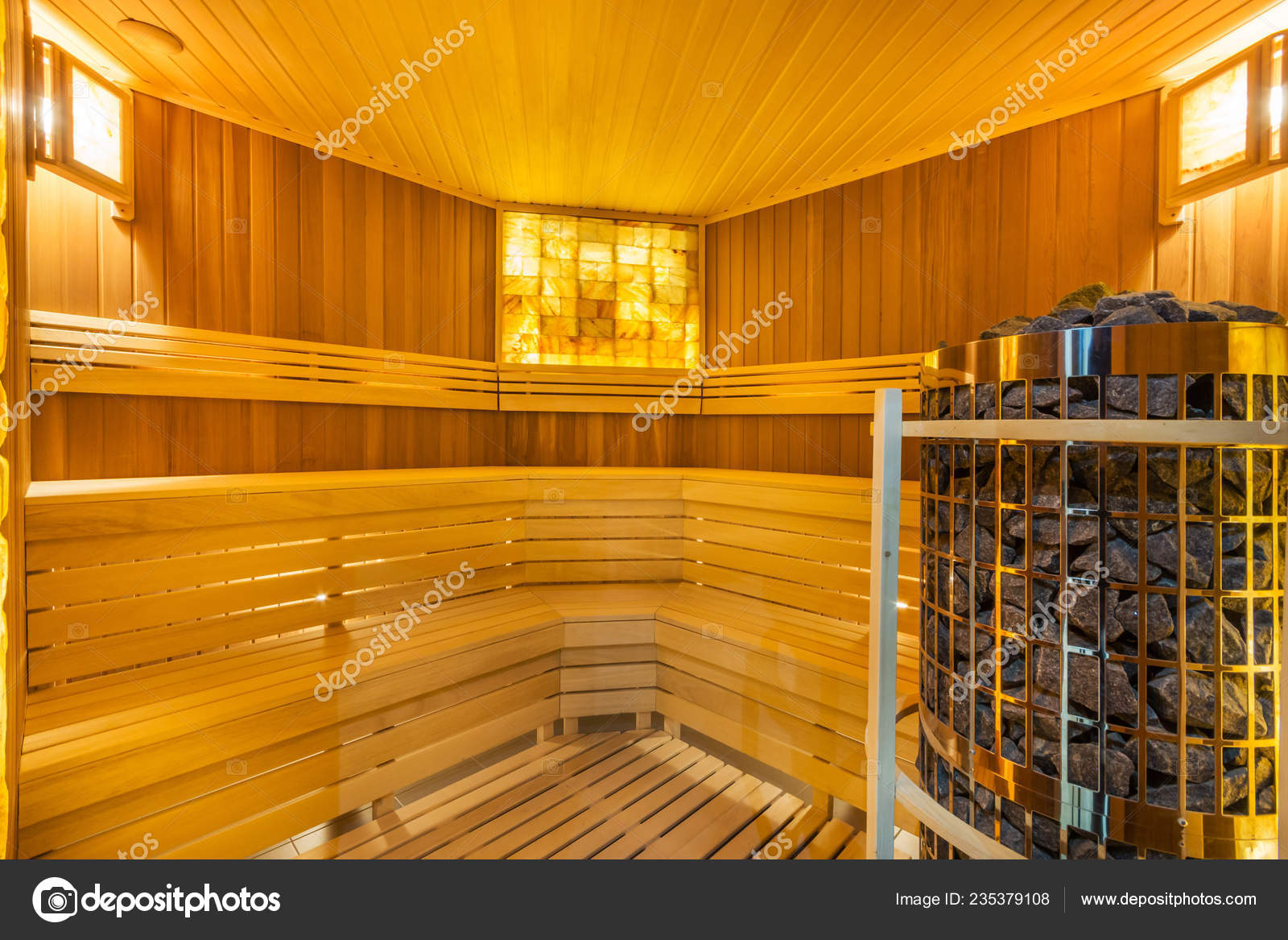 Amazing Home Sauna Room Cedar Wood Walls Bench Stock Photo