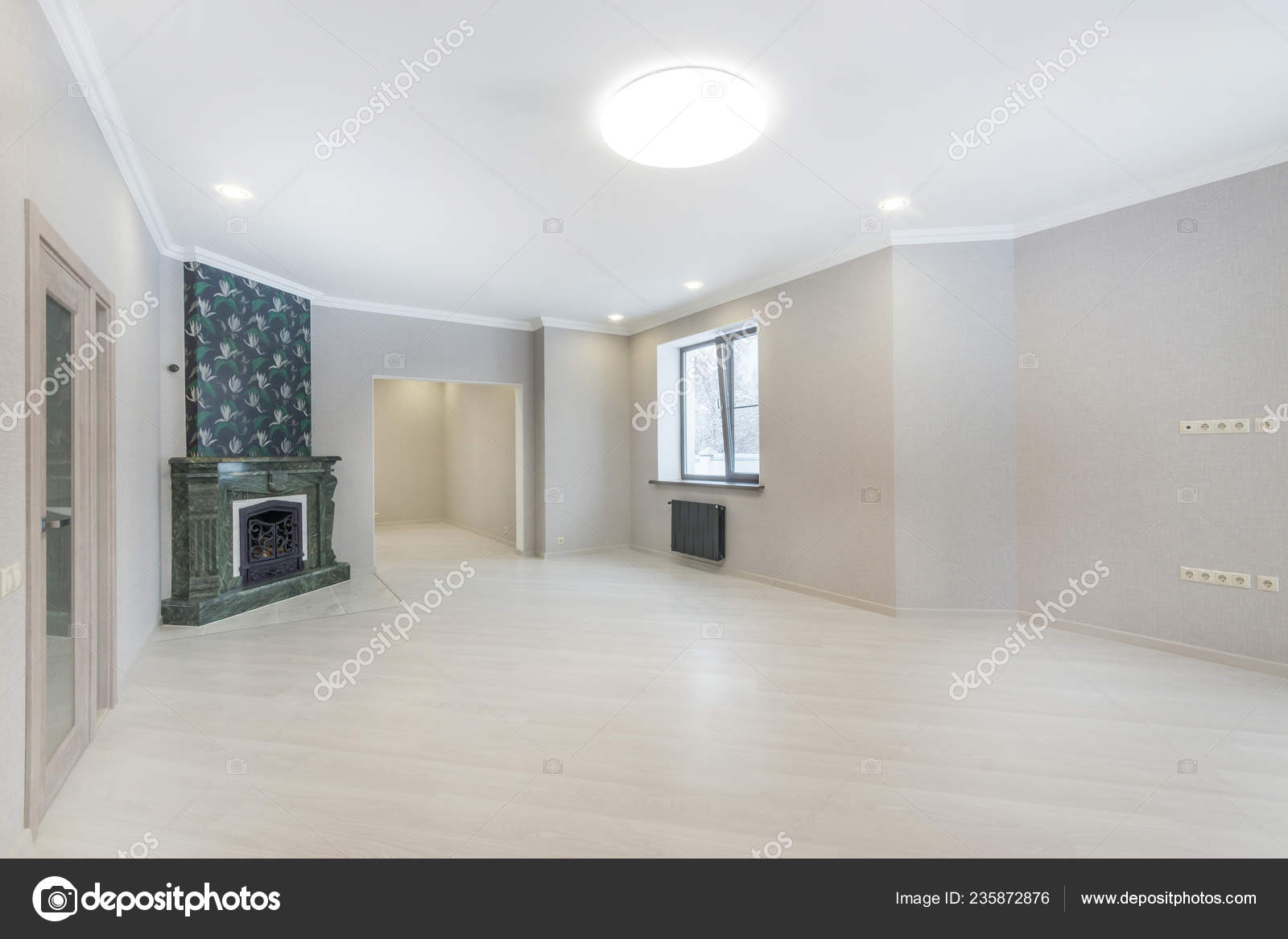 Empty Living Room Interior Fireplace Laminate Flooring Doorways