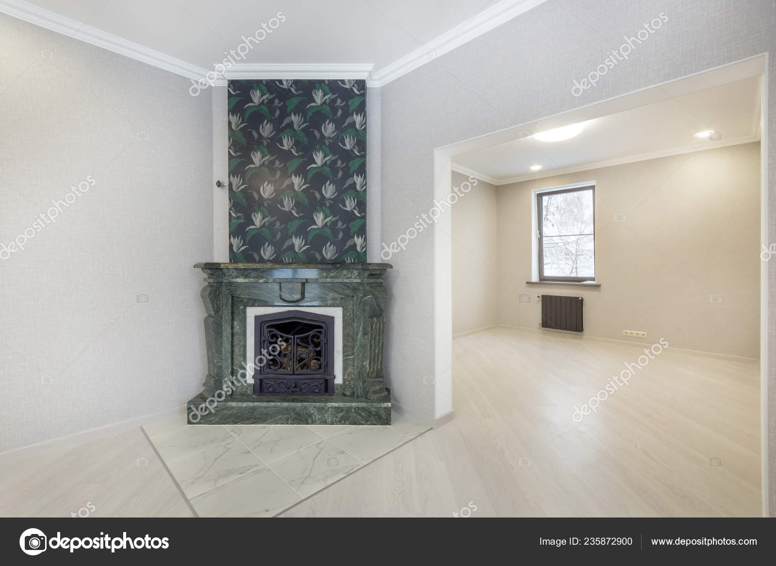 Traditional Large Marble Fireplace Empty Living Room Stock Photo