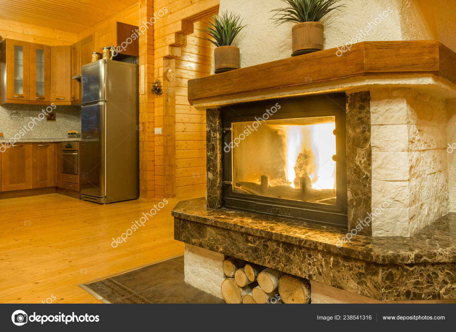Fireplace Burning Fire Warm Home Interior Stock Photo