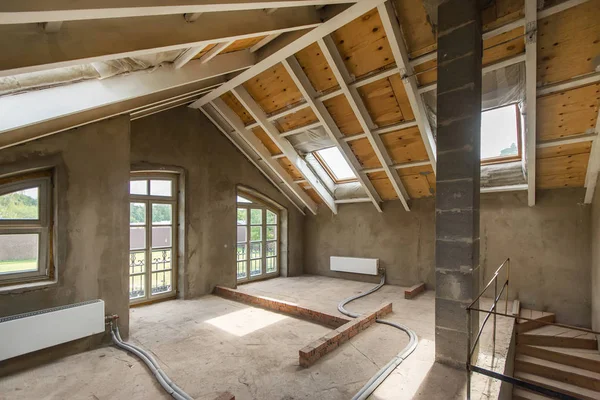 Vista Interior Sótão Sem Acabamento Construção Casa — Fotografia de Stock