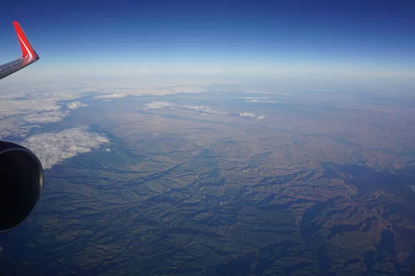 Aerial View Airplane Ground Flight Blue Sky Visible — Stock Photo, Image