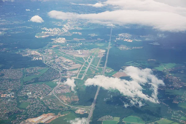 Aerial View Vnukovo Airport View Airplane Window Flying Airplane Clouds — Stock Photo, Image