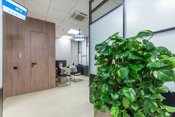 Modern sales office with high  black and white glass panels  and digital signages