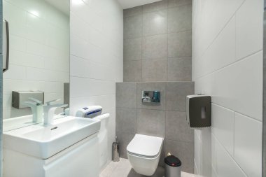 El kurutma makinesi olan beyaz ve gri modern tuvalet.
