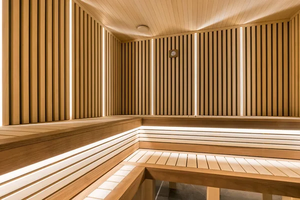 Zarif ışıklandırmalı modern ahşap sauna.