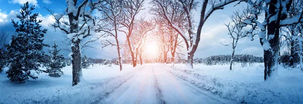 Winterpanorama Auf Der Straße Durch Verschneite Gasse — Stockfoto