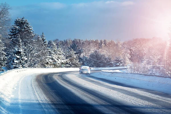 Car Tires Winter Road Covered Snow — Stock Photo, Image