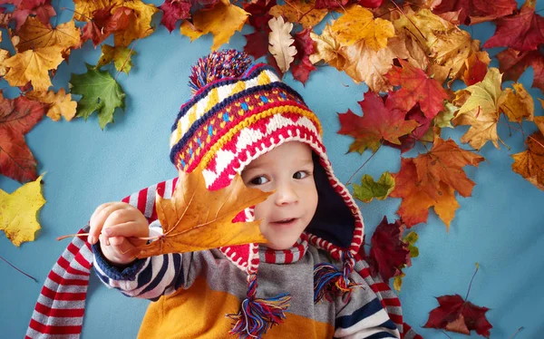 Băiat Doi Ani Visează Toamna Copil Pălărie Eșarfă Frunze Arțar — Fotografie, imagine de stoc