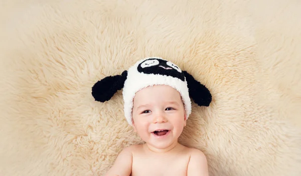 Sleepy One Year Old Baby Lying Sheep Hat Lamb Wool — Stock Photo, Image