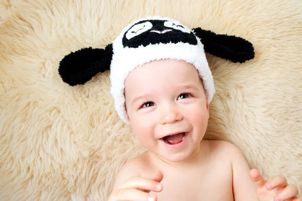 Sleepy One Year Old Baby Lying Sheep Hat Lamb Wool — Stock Photo, Image