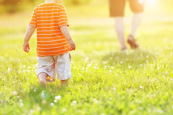 Liten pojke går på fältet — Stockfoto