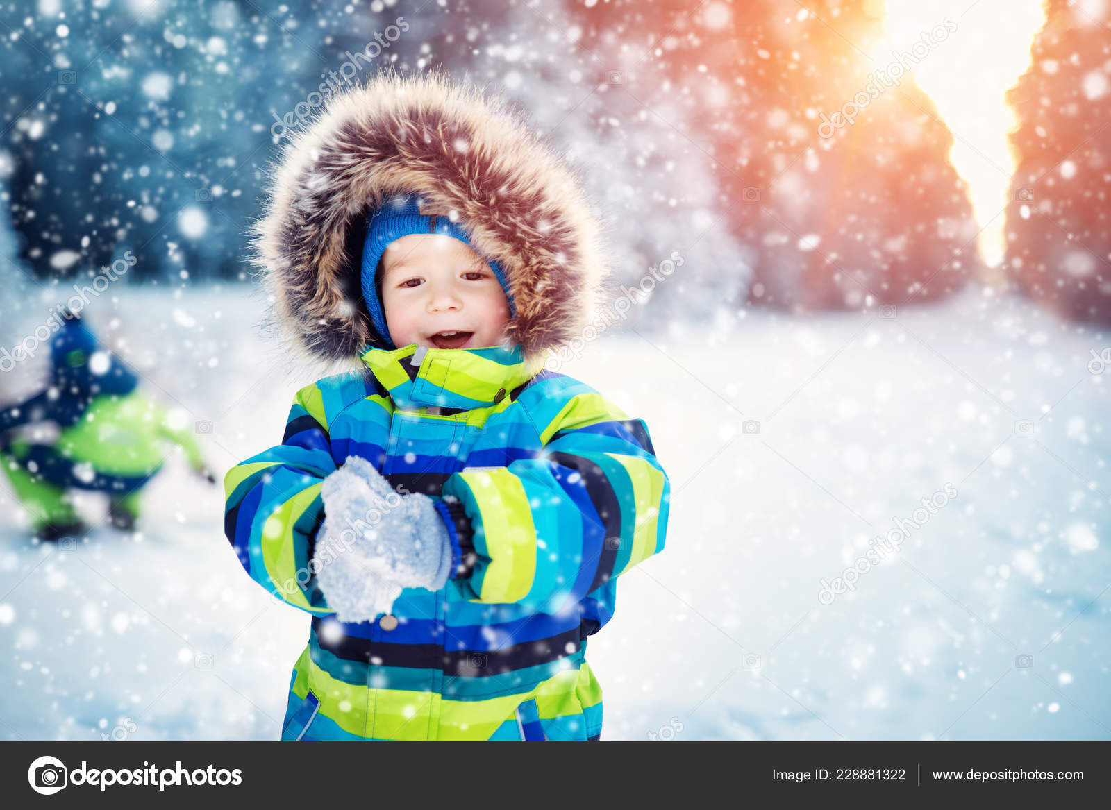Baby Boy Walking Snowfall Child Winter Clothes Playing Snow
