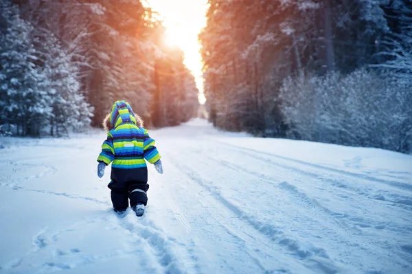 Chłopiec Spacerujący Śniegu Dziecko Zimowych Ubraniach Bawiące Się Śniegiem — Zdjęcie stockowe