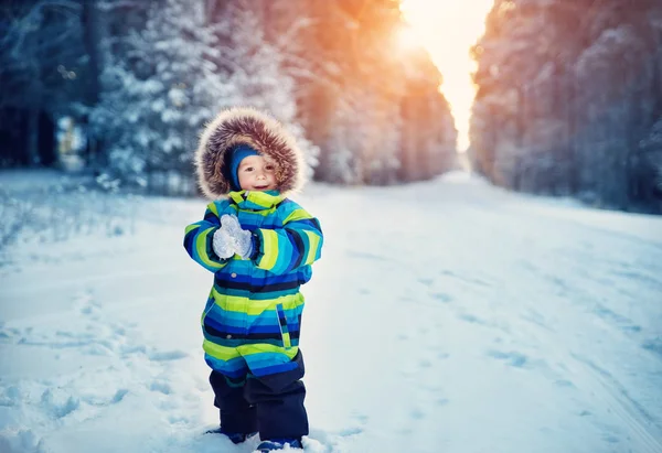 Baby Boy Walking Snowfall Child Winter Clothes Playing Snow — Stock Photo, Image