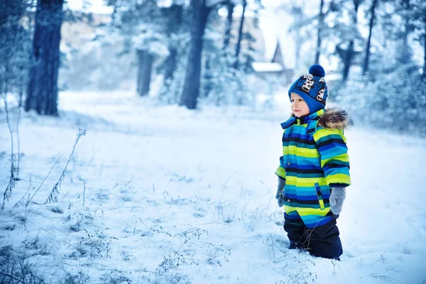 Petit Garçon Souriant Aux Chutes Neige Enfant Vêtements Hiver — Photo