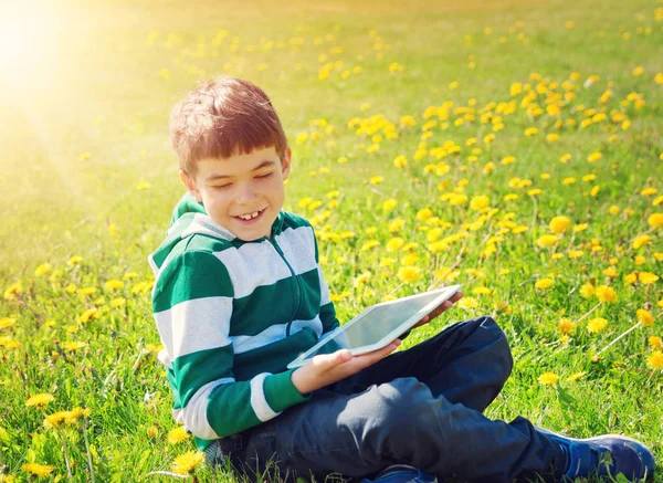 Niño Feliz Sentado Campo Con Dientes León Sosteniendo Tableta Chico — Foto de Stock