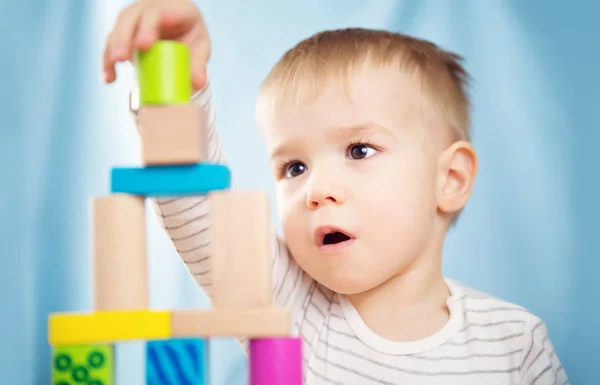 Porträt Eines Zweijährigen Kindes Das Holzwürfel Stapelt Hübscher Kleiner Junge — Stockfoto
