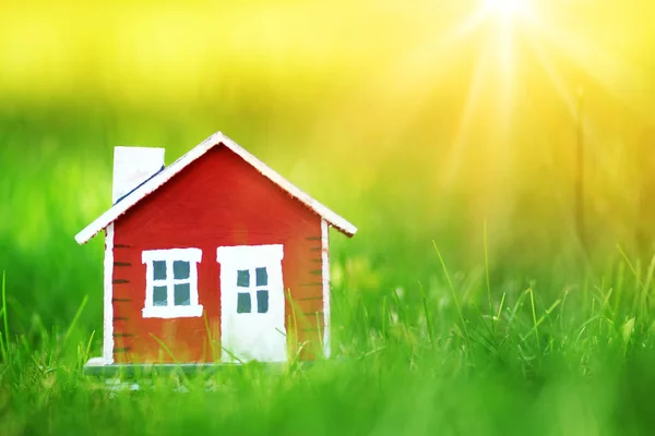 Rotes Holzhausmodell Auf Dem Rasen Garten — Stockfoto