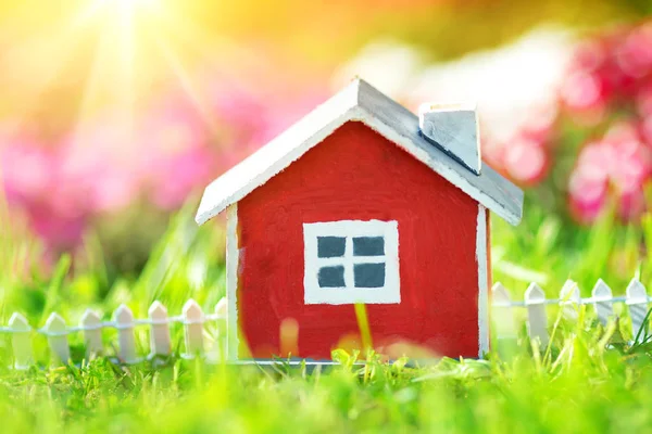 Modèle Maison Bois Rouge Sur Herbe Dans Jardin — Photo