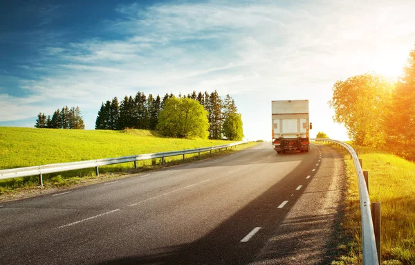 Asphaltstraße Auf Dem Löwenzahnfeld Mit Einem Kleinen Lkw Lkw Fährt — Stockfoto