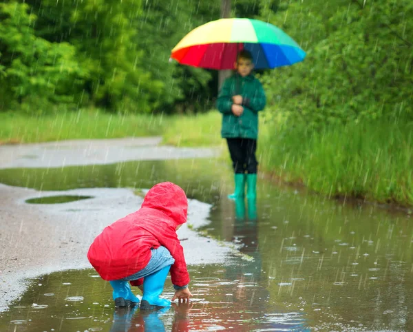 Dzieci Spaceru Kaloszami Kałuży Deszczowa Pogoda Chłopiec Trzyma Kolorowy Parasol — Zdjęcie stockowe