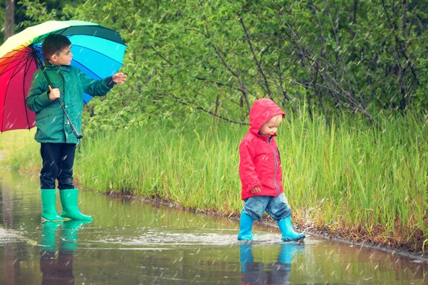 Kinder Die Bei Regnerischem Wetter Gummistiefeln Pfützen Laufen Junge Mit — Stockfoto