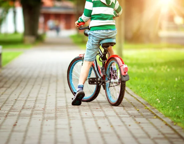 Bambino Una Bicicletta Strada Asfaltata Estate Bicicletta Nel Parco — Foto Stock