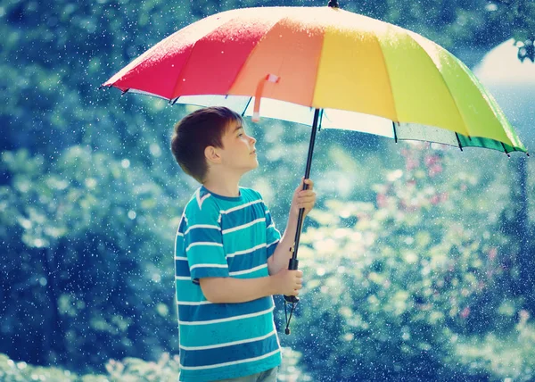 Child Rainy Weather Boy Holding Colourful Umbrella Rain Summer — Stock Photo, Image