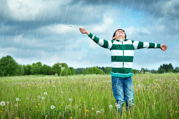 Szczęśliwe Dziecko Polu Mniszek Chłopiec Patrząc Niebo Lato Zewnątrz — Zdjęcie stockowe