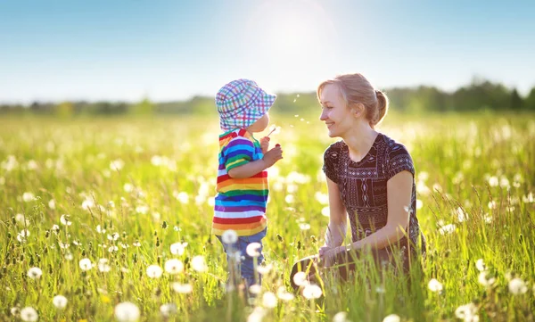 Ung Kvinna Med Pojke Som Blåser Maskrosor Mor Och Son — Stockfoto