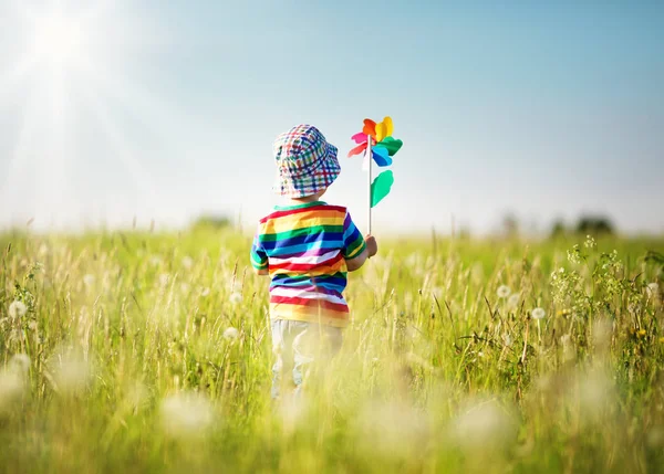 Happy Baby Boy Standing Grass Fieald Dandelions Sunny Summer Evening — Stock Photo, Image