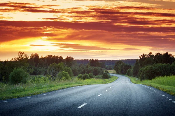 Vue Sur Route Asphaltée Campagne Beau Coucher Soleil — Photo