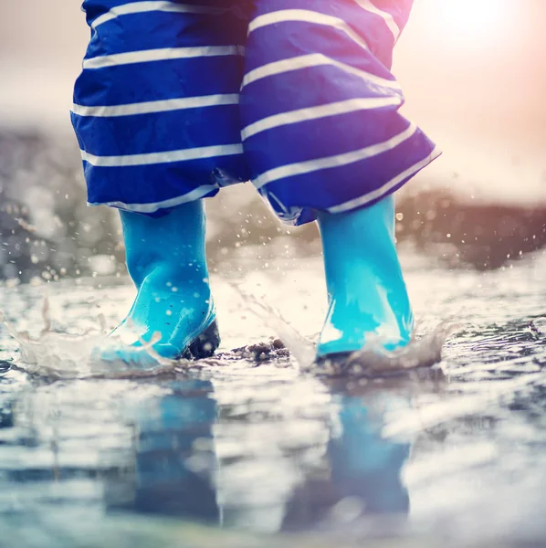 Kind Wandelen Welpen Plas Bij Regenachtig Weer Jongen Onder Regen — Stockfoto