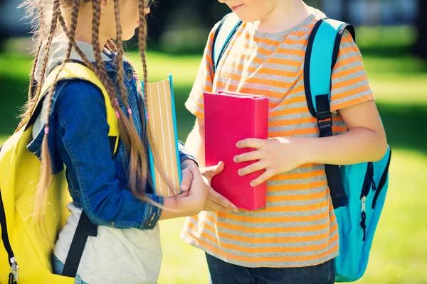 Niños Con Mochilas Pie Parque Cerca Escuela Alumnos Con Libros —  Fotos de Stock