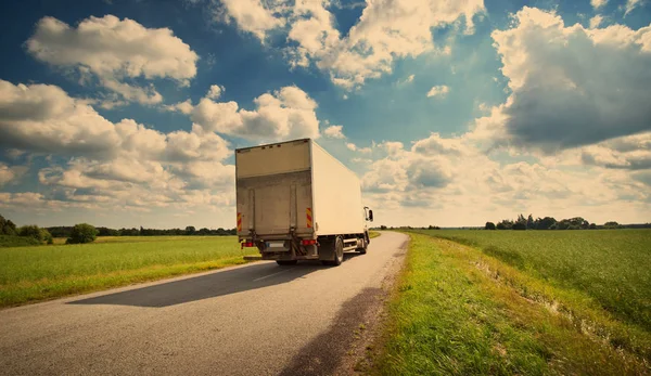 Asfaltweg Paardenveld Met Een Kleine Vrachtwagen Vrachtwagen Bewegen Zonnige Avond — Stockfoto