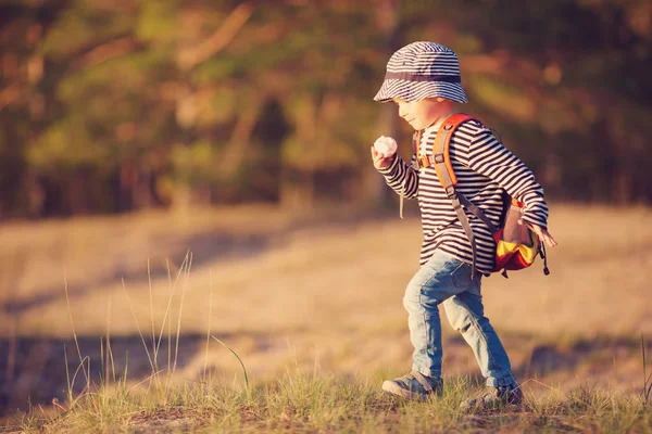 Boy going camping with backpack in nature — Stock Photo, Image