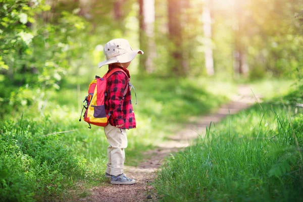 Menino vai acampar com mochila na natureza — Fotografia de Stock