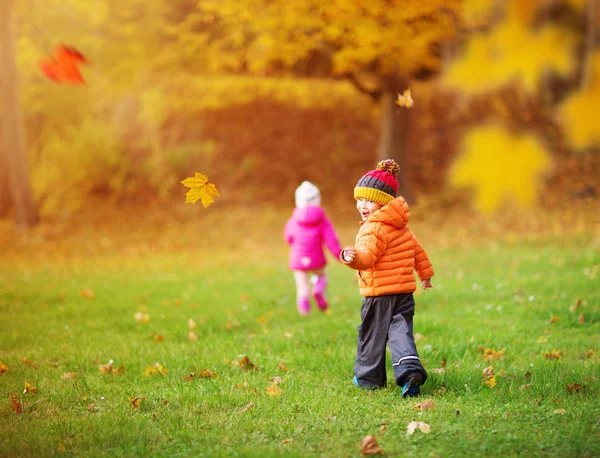 I bambini lanciano foglie in bella giornata autunnale — Foto Stock