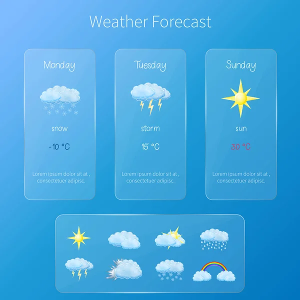 Vektor Transparente Benutzeroberfläche Wettervorhersagevorlage Mit Einer Reihe Von Glänzenden Und — Stockvektor