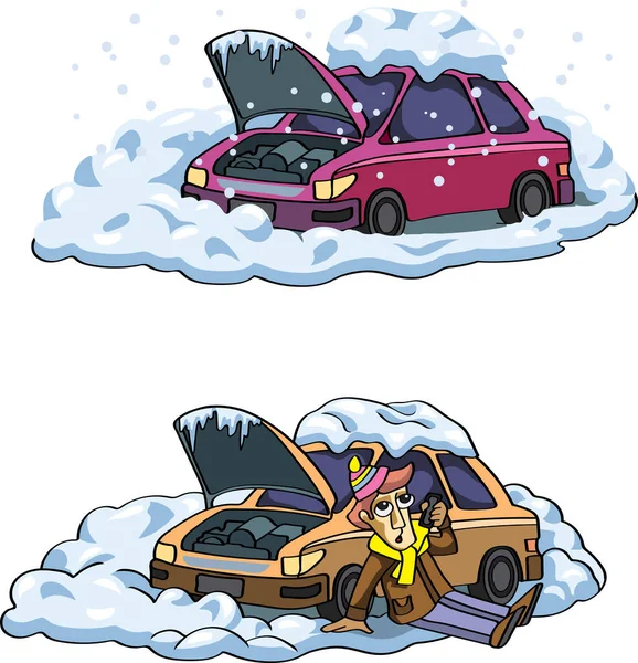 壊れた車 車は雪 雪のドリフト 雪のドリフト 危険性に立ち往生 — ストックベクタ