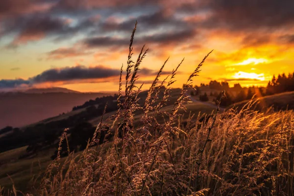 Goldener Sonnenuntergang mit wolkenverhangenem Himmel und Bergen — Stockfoto